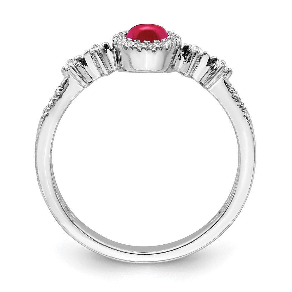 Solid 14k White Gold Simulated CZ and Cabochon Ruby Halo Ring
