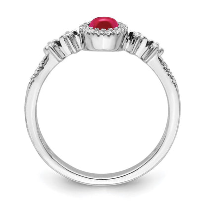 Solid 14k White Gold Simulated CZ and Cabochon Ruby Halo Ring