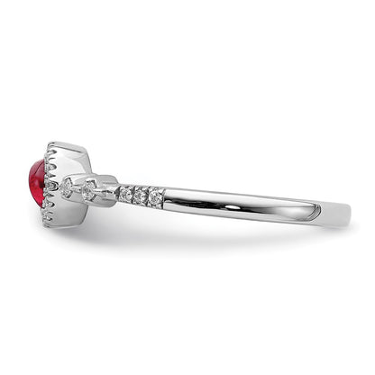 Solid 14k White Gold Simulated CZ and Cabochon Ruby Halo Ring