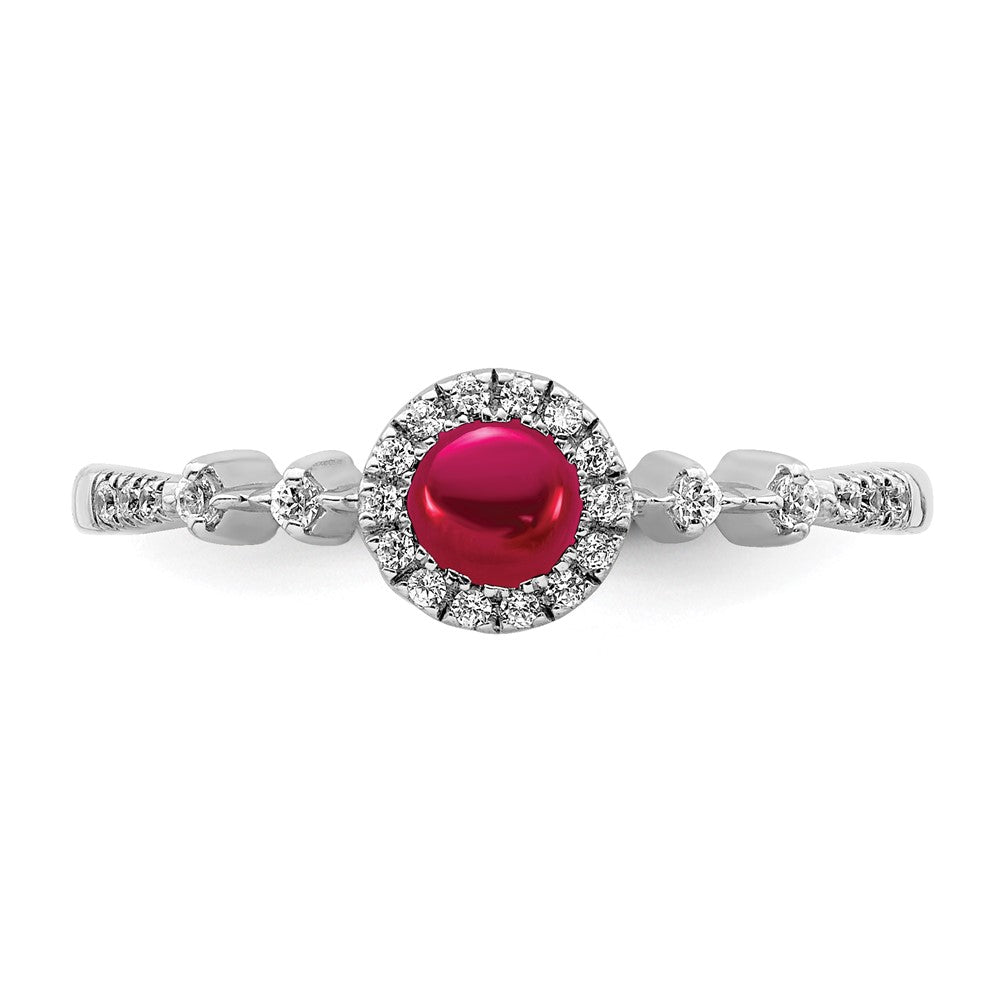 Solid 14k White Gold Simulated CZ and Cabochon Ruby Halo Ring