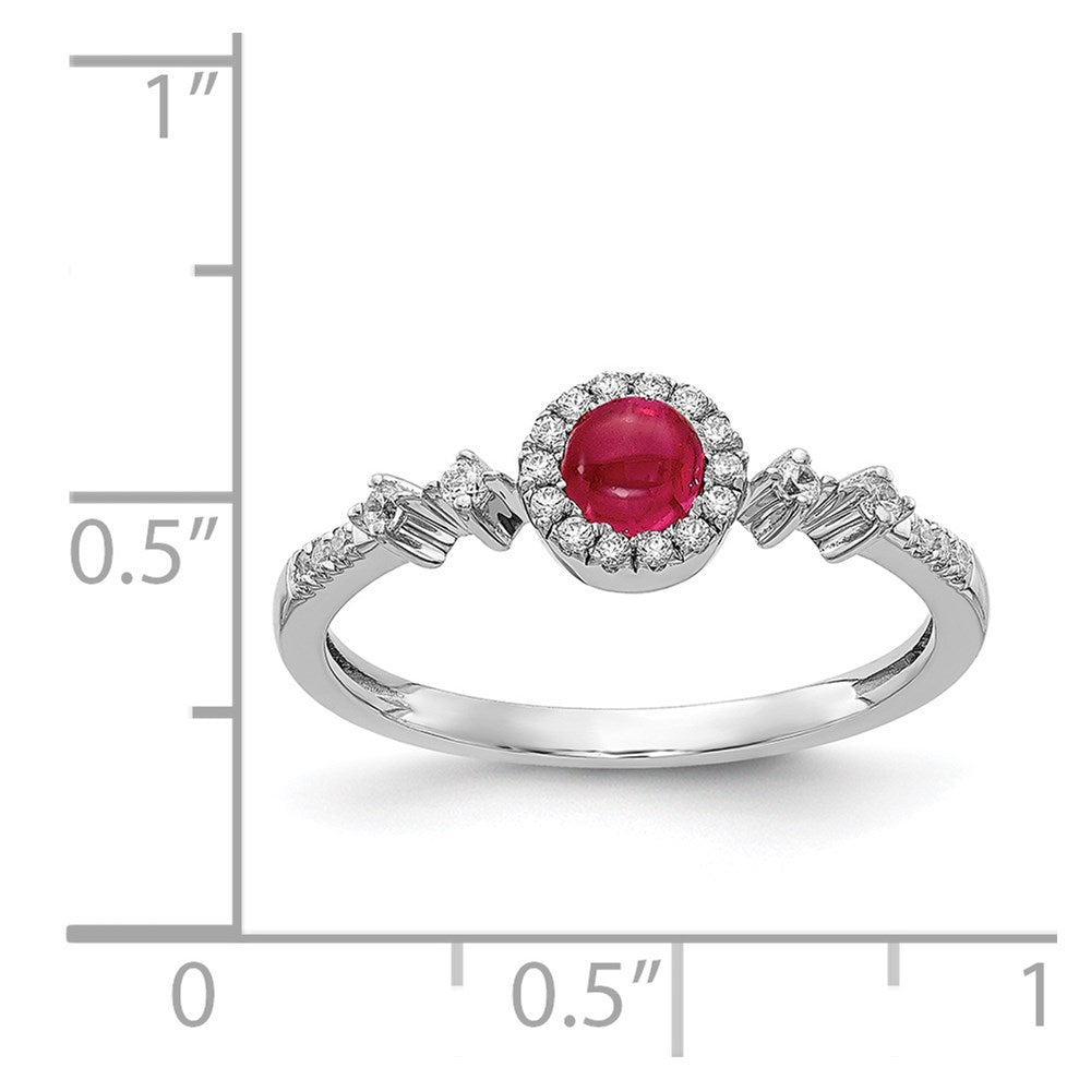 Solid 14k White Gold Simulated CZ and Cabochon Ruby Halo Ring