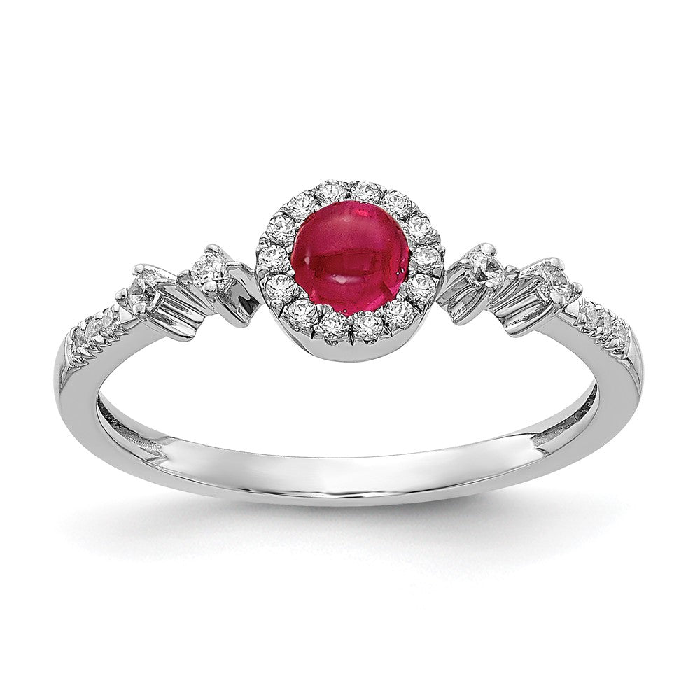 14k White Gold Real Diamond and Cabochon Ruby Halo Ring