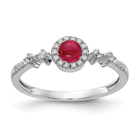 Solid 14k White Gold Simulated CZ and Cabochon Ruby Halo Ring