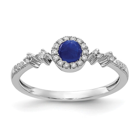 Solid 14k White Gold Simulated CZ and Cabochon Sapphire Halo Ring