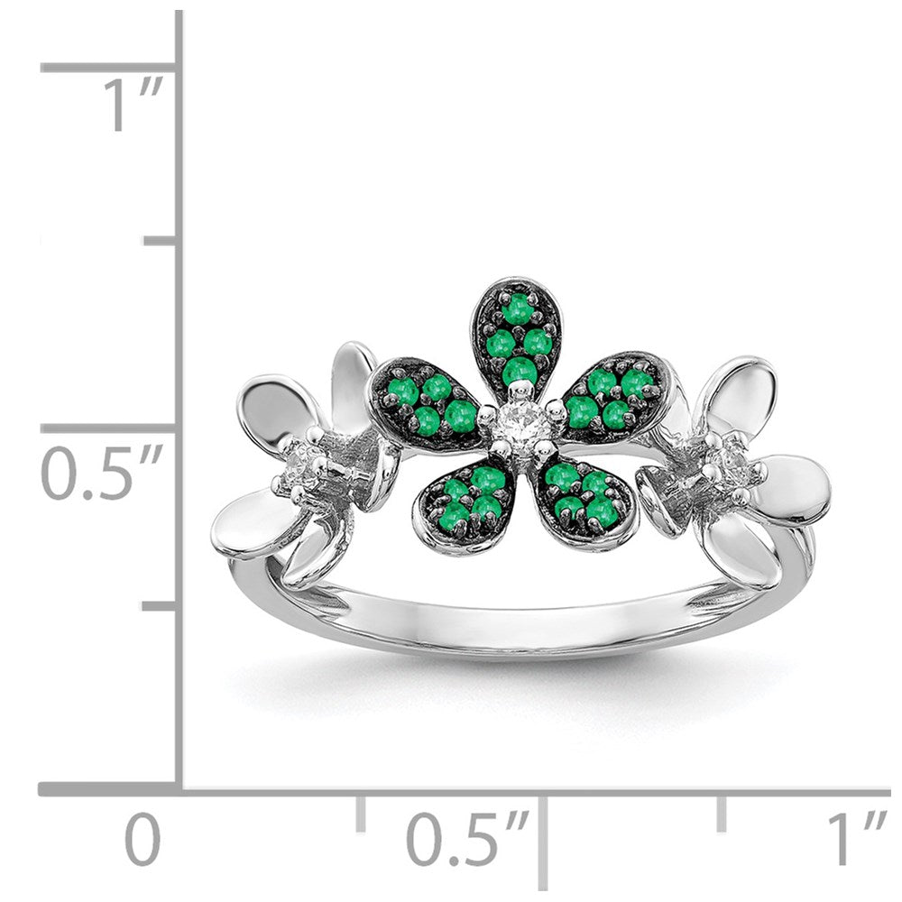 Solid 14k White Gold Simulated CZ and Emerald Flower Ring