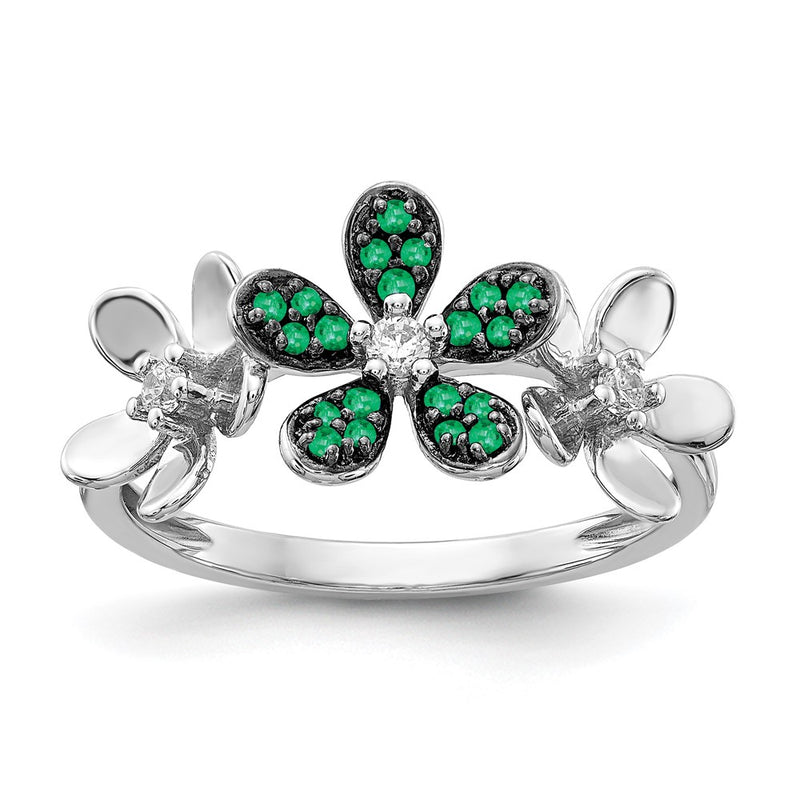 14k White Gold Real Diamond and Emerald Flower Ring