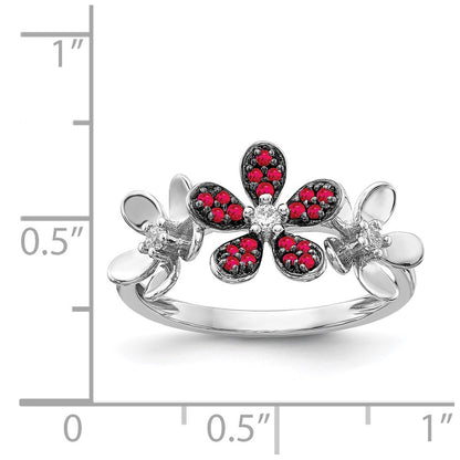 14k White Gold Real Diamond and Ruby Flower Ring