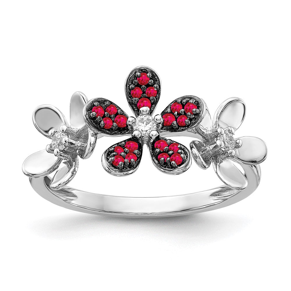 Solid 14k White Gold Simulated CZ and Ruby Flower Ring