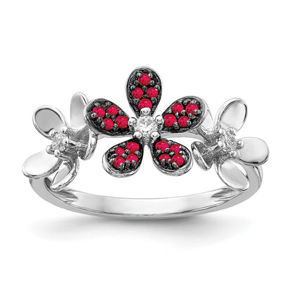 Solid 14k White Gold Simulated CZ and Ruby Flower Ring