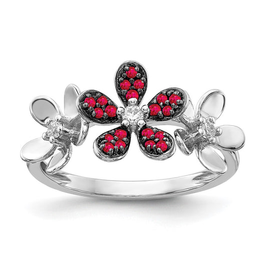 Solid 14k White Gold Simulated CZ and Ruby Flower Ring