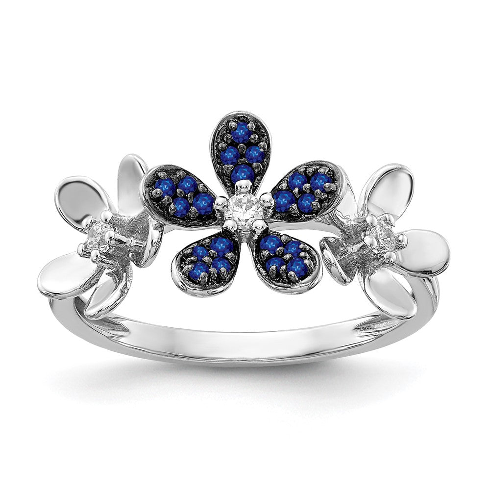 Solid 14k White Gold Simulated CZ and Sapphire Flower Ring