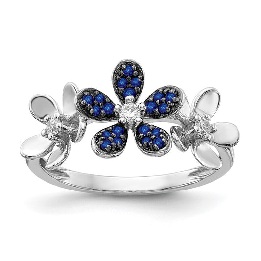 14k White Gold Real Diamond and Sapphire Flower Ring