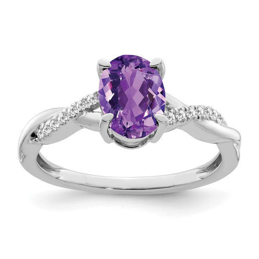 Solid 14k White Gold Oval Simulated Amethyst and CZ Ring