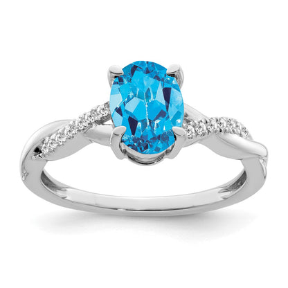 14k White Gold Oval Blue Topaz and Real Diamond Ring