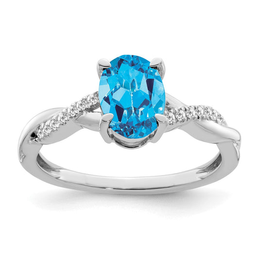 14k White Gold Oval Blue Topaz and Real Diamond Ring