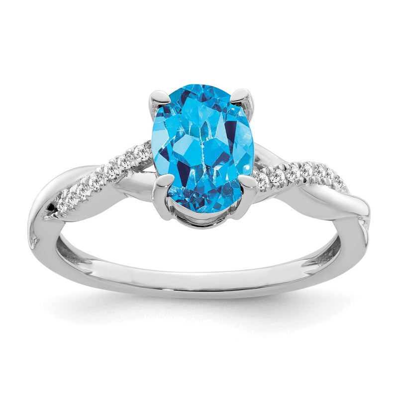 14k White Gold Oval Blue Topaz and Real Diamond Ring