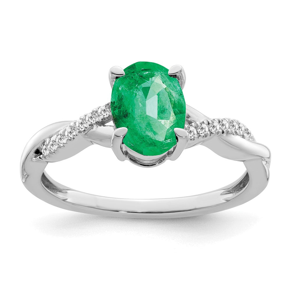 14k White Gold Oval Emerald and Real Diamond Ring