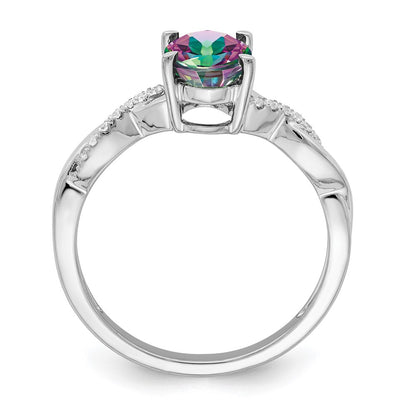 14k White Gold Oval Mystic Fire Topaz and Real Diamond Ring