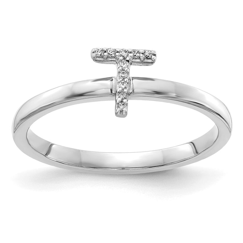 14k White Gold Real Diamond Initial T Ring
