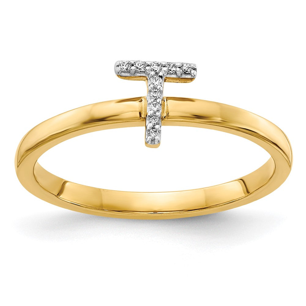 14k Yellow Gold Real Diamond Initial T Ring