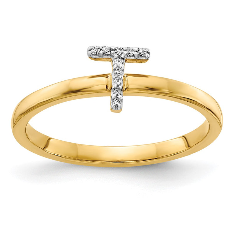 14k Yellow Gold Real Diamond Initial T Ring