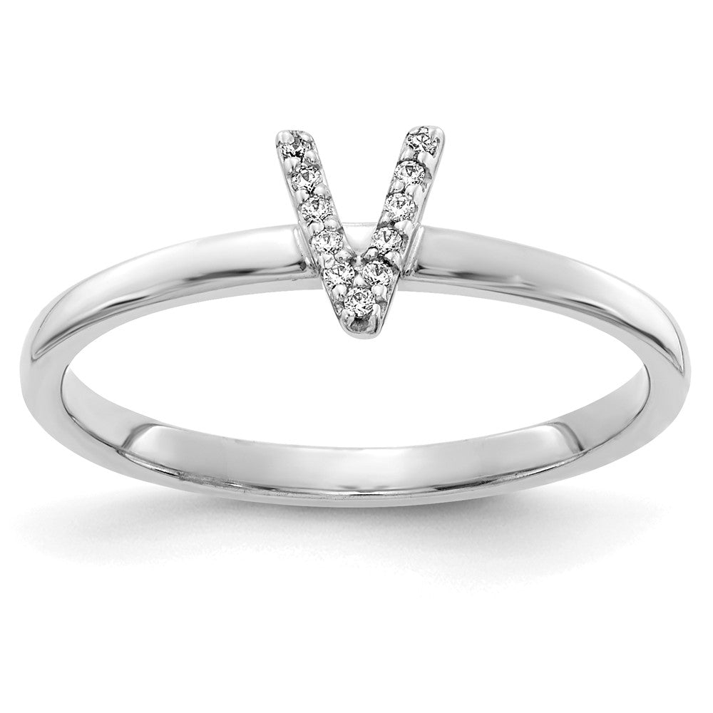 14k White Gold Real Diamond Initial V Ring