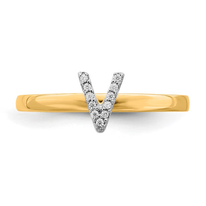 14k Yellow Gold Real Diamond Initial V Ring