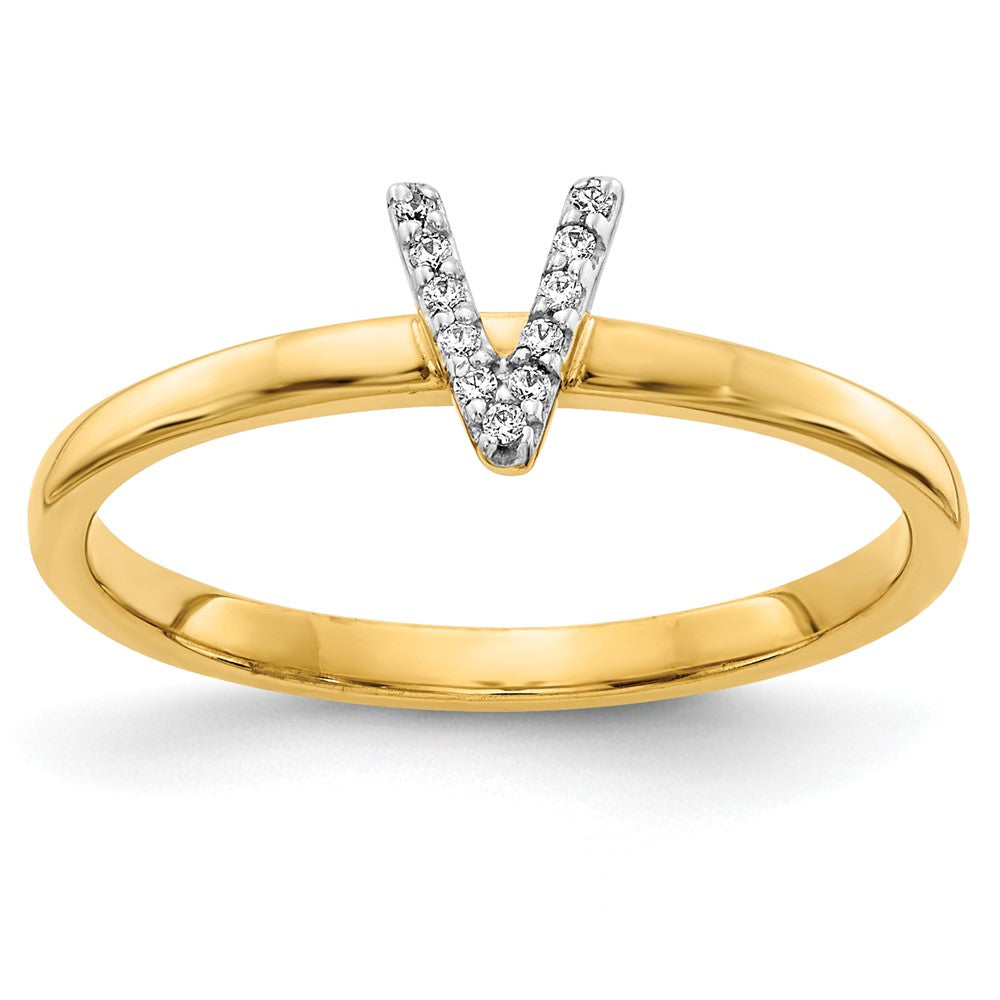 14k Yellow Gold Real Diamond Initial V Ring