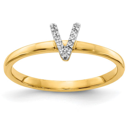 14k Yellow Gold Real Diamond Initial V Ring
