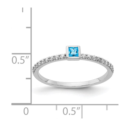 14k White Gold Real Diamond and Princess Blue Topaz Ring