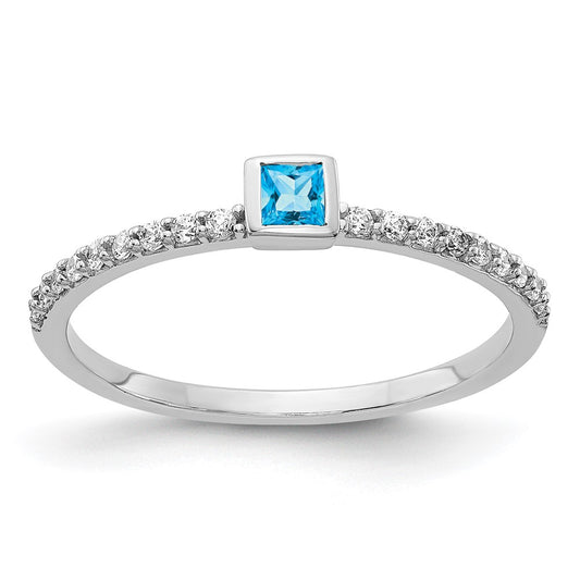 14k White Gold Real Diamond and Princess Blue Topaz Ring