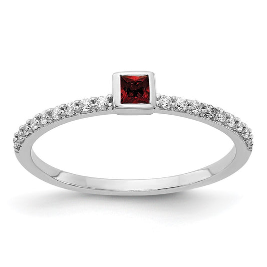Solid 14k White Gold Simulated CZ and Princess Garnet Ring