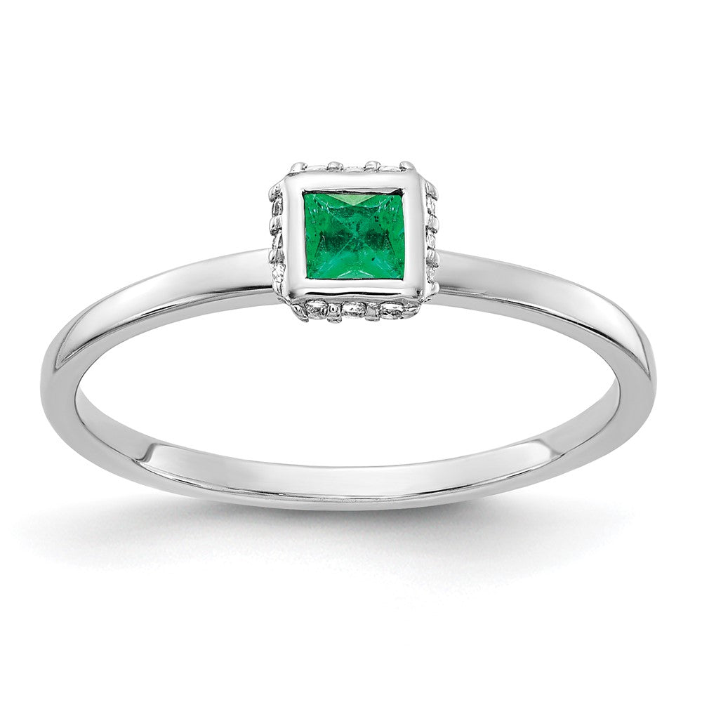 14k White Gold Real Diamond and Princess Emerald Ring