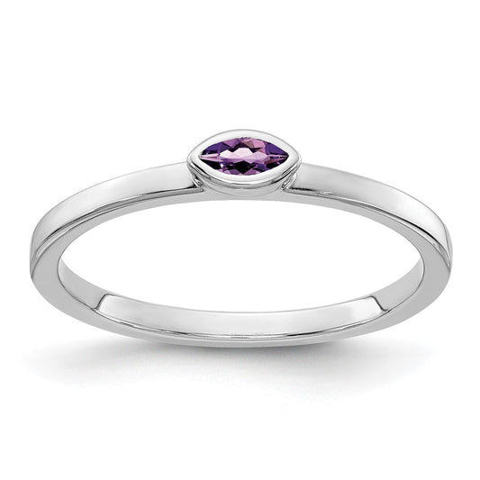 Solid 14k White Gold Bezel-set Marquise Simulated Amethyst Ring