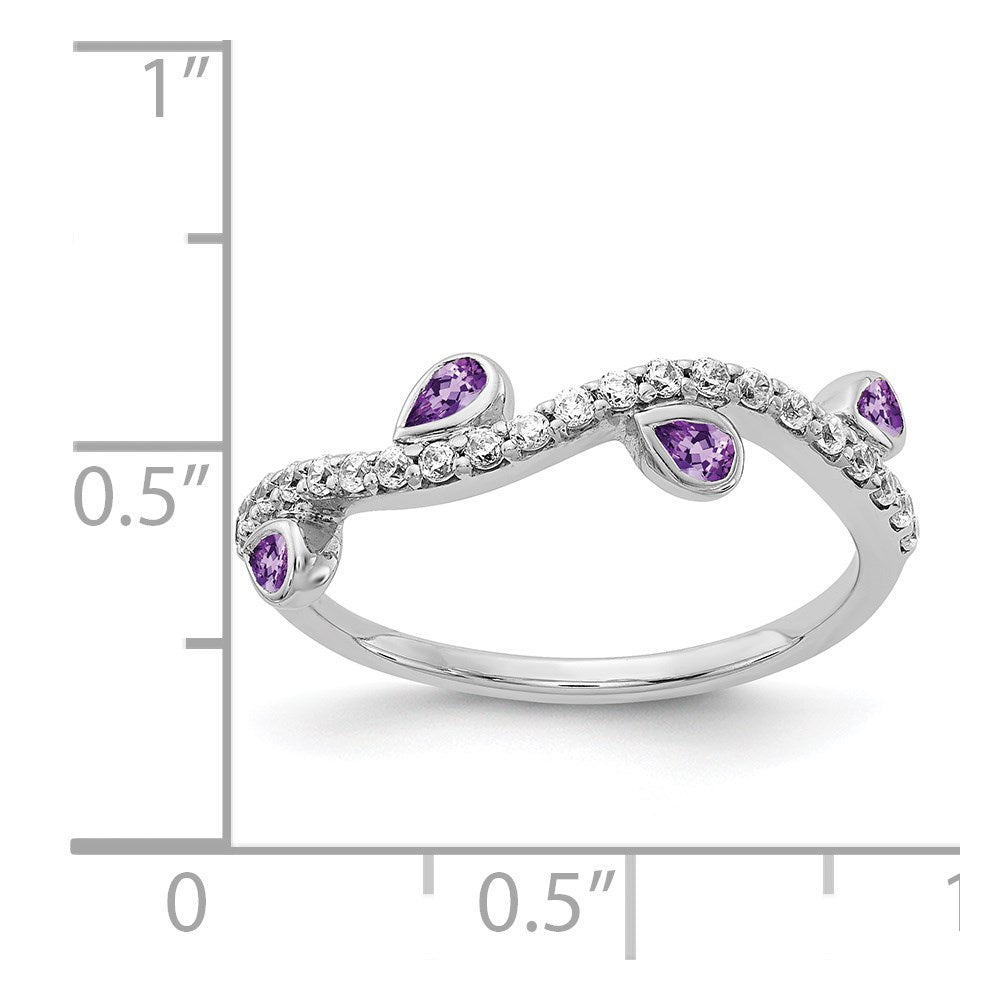 Solid 14k White Gold Simulated CZ and Pear Amethyst Curved Ring