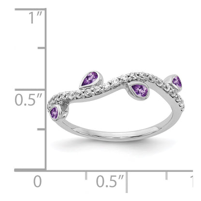Solid 14k White Gold Simulated CZ and Pear Amethyst Curved Ring