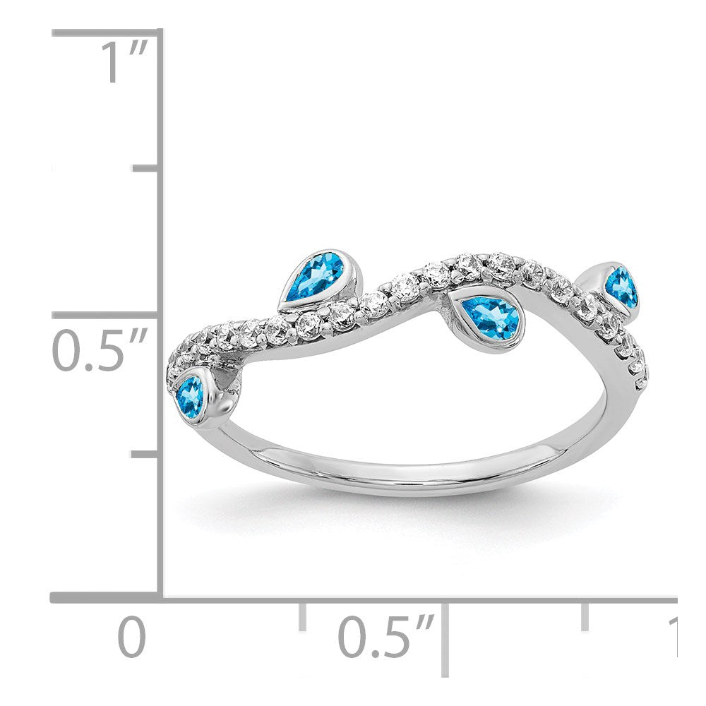 14k White Gold Real Diamond and Pear Blue Topaz Curved Ring