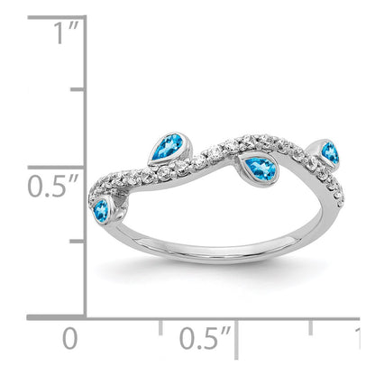 14k White Gold Real Diamond and Pear Blue Topaz Curved Ring
