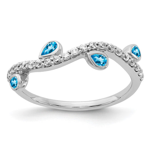 Solid 14k White Gold Simulated CZ and Pear Blue Topaz Curved Ring
