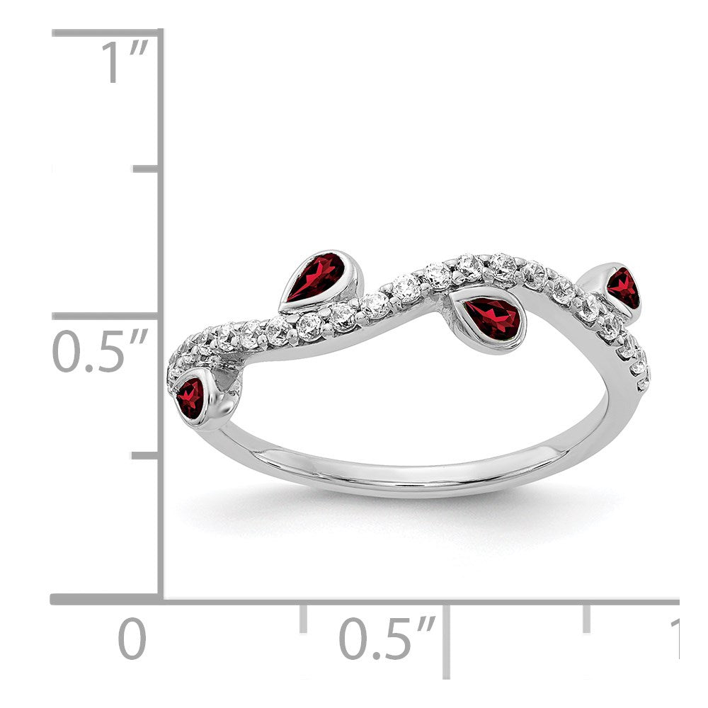 14k White Gold Real Diamond and Pear Garnet Curved Ring