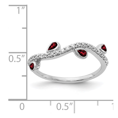 14k White Gold Real Diamond and Pear Garnet Curved Ring
