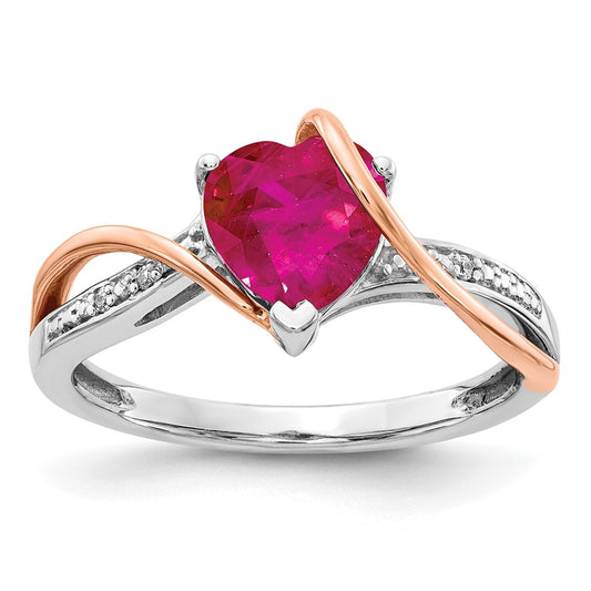 14k Two-Tone Gold Real Diamond and Ruby Heart Twist Ring