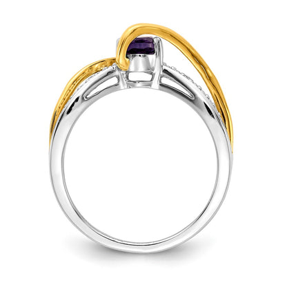 Solid 14k Two-tone Simulated CZ and Oval Amethyst Twist Ring