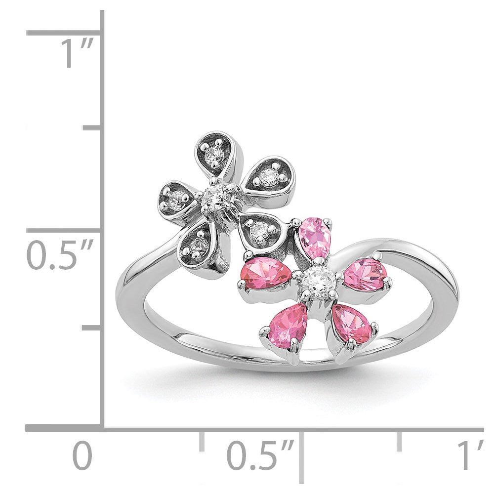 Solid 14k White Gold Simulated CZ and Pink Tourmaline Flower Ring