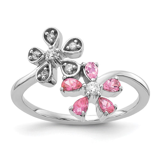 Solid 14k White Gold Simulated CZ and Pink Tourmaline Flower Ring