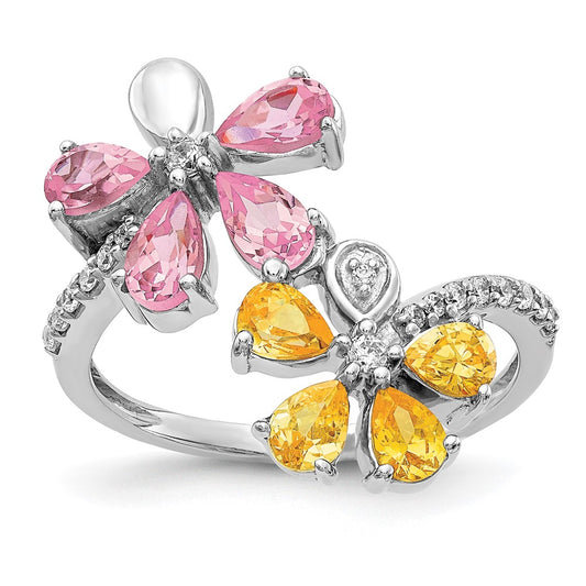 Solid 14k White Gold Simulated CZ and Citrine/Pink Tourmaline Flower Ring