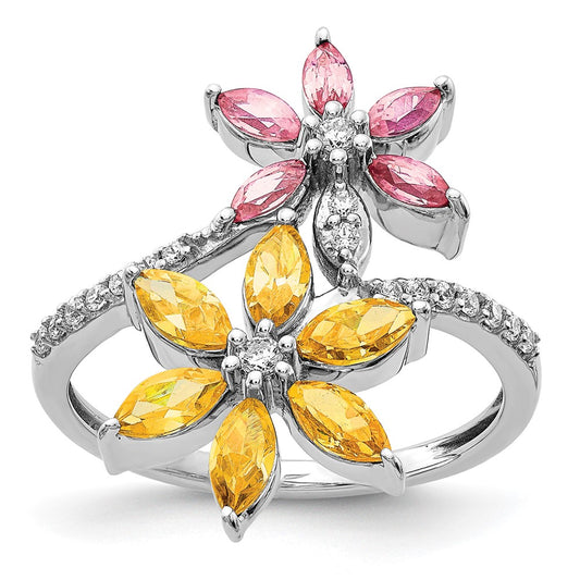 Solid 14k White Gold Simulated CZ and Citrine/Pink Tourmaline Flower Ring