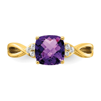 Solid 14k Yellow Gold ChecKerboard Simulated Amethyst and CZ Ring