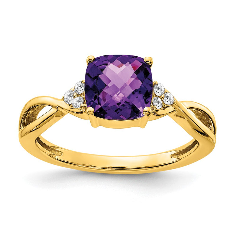 14K Yellow Gold Checkerboard Amethyst and Real Diamond Ring