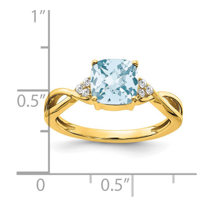 14K Yellow Gold Checkerboard Aquamarine and Real Diamond Ring